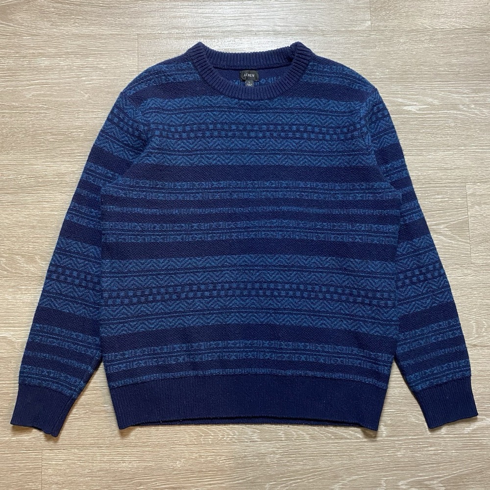 J. Crew 100% Lambswool Fair Isle Crewneck Sweater Men's L Blue Geometric Nordic